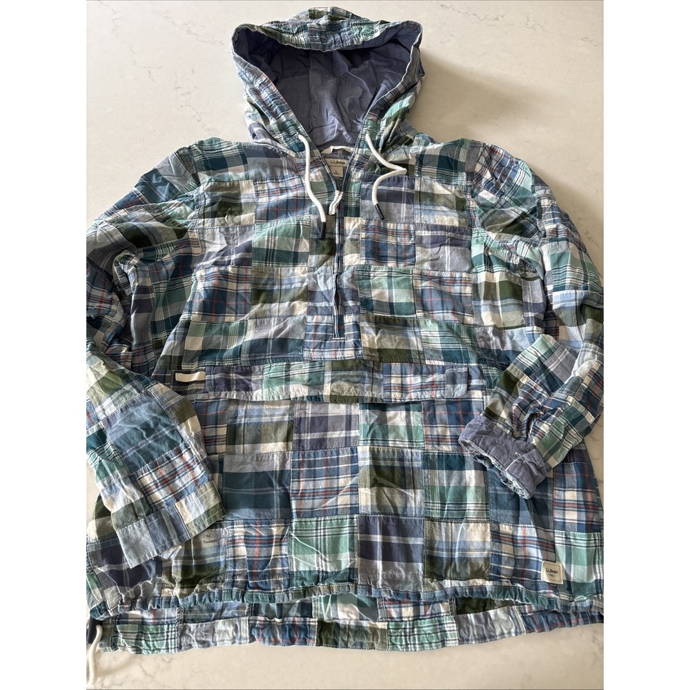 LL Bean Womens Patchwork Madras Plaid Anorak Jacket Hooded Half Zip Blue Green L